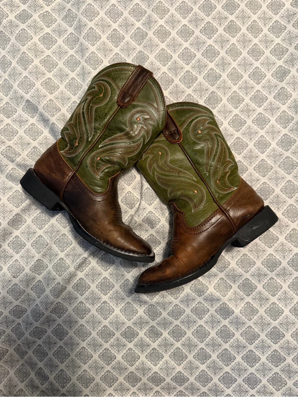 Kids Brown Leather Western Boots with Green Embroidered Shaft